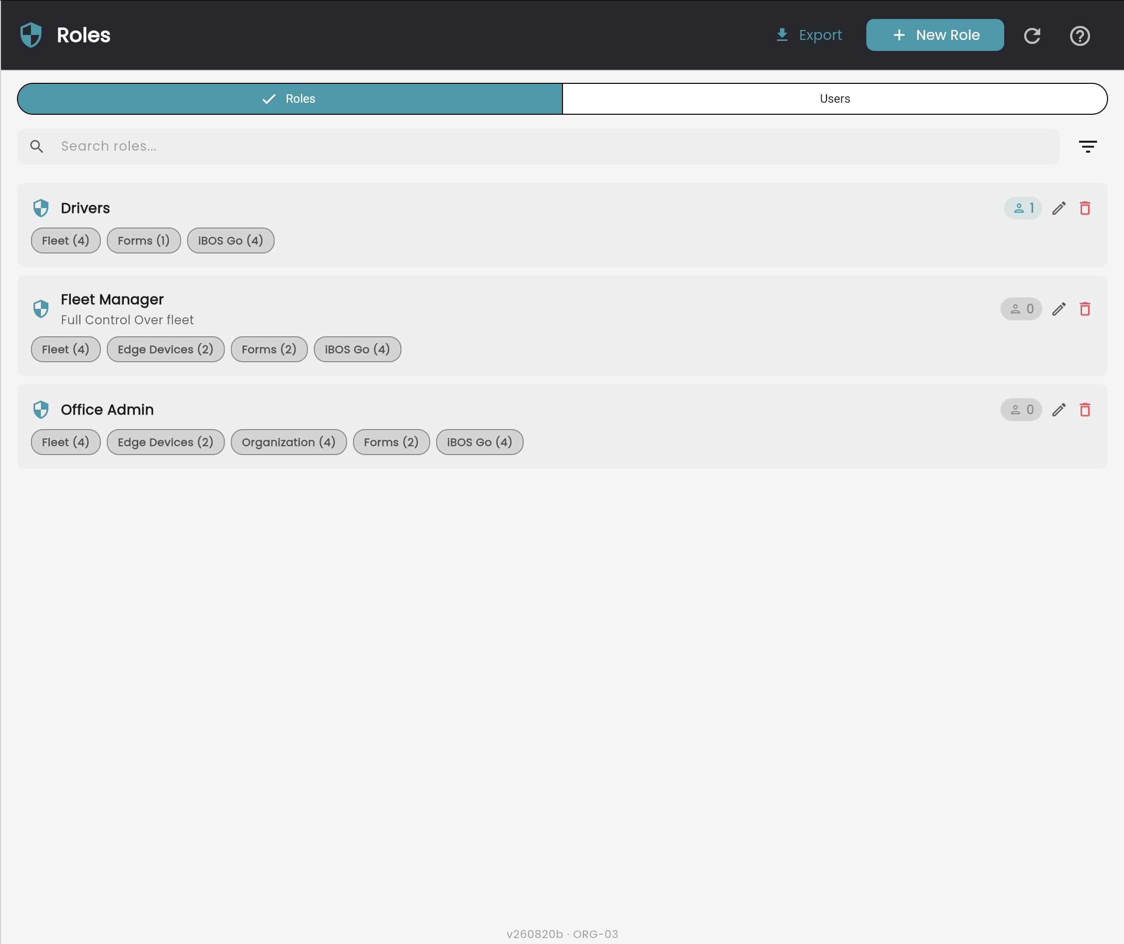 Roles list showing Drivers, Fleet Manager and Office Admin with module scope tags