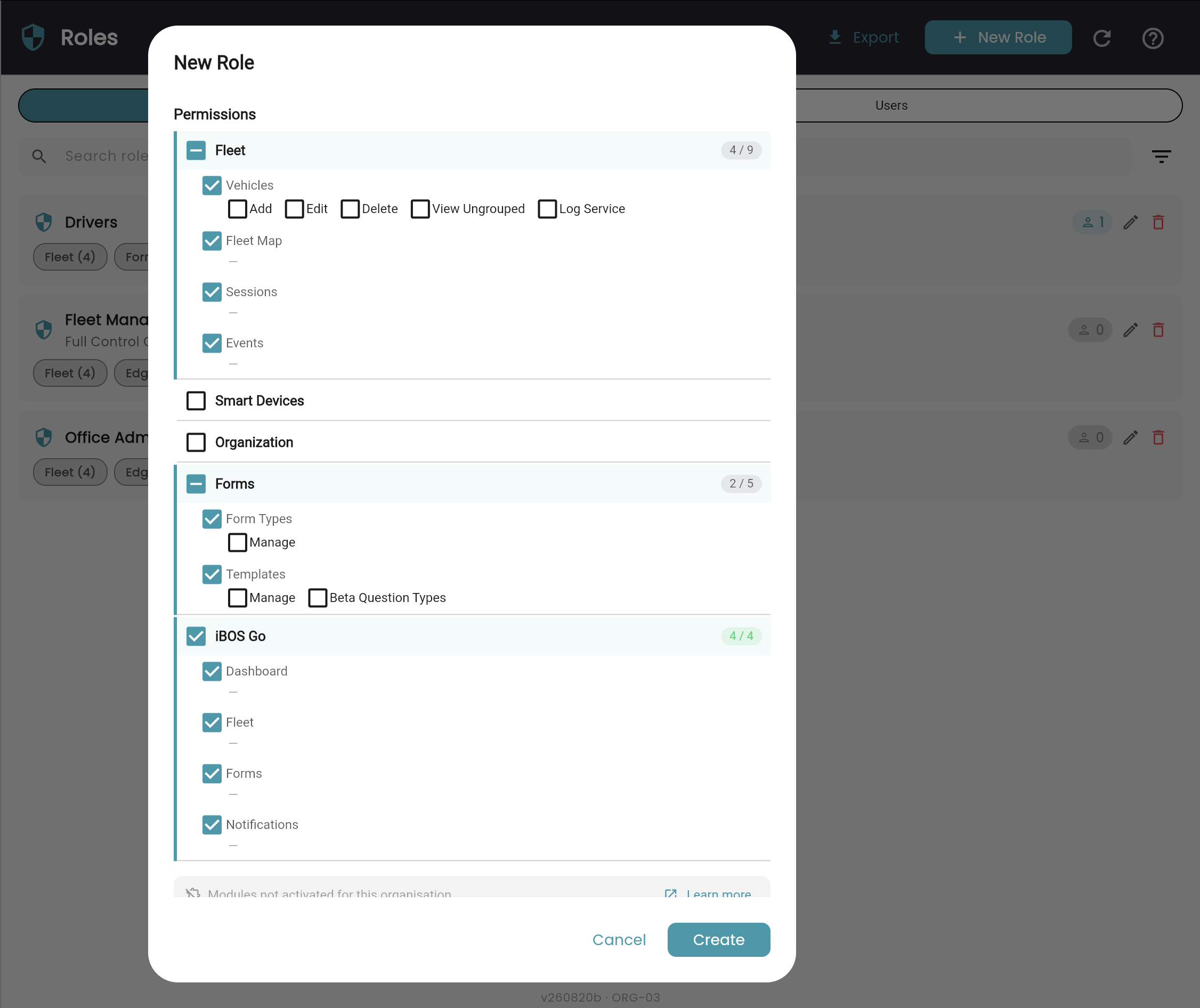 New Role dialog with per-module permission checkboxes and coverage counters
