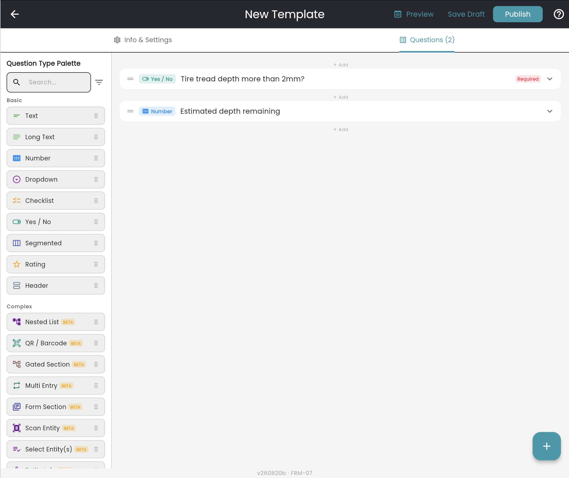 Form template builder with question type palette and two questions placed