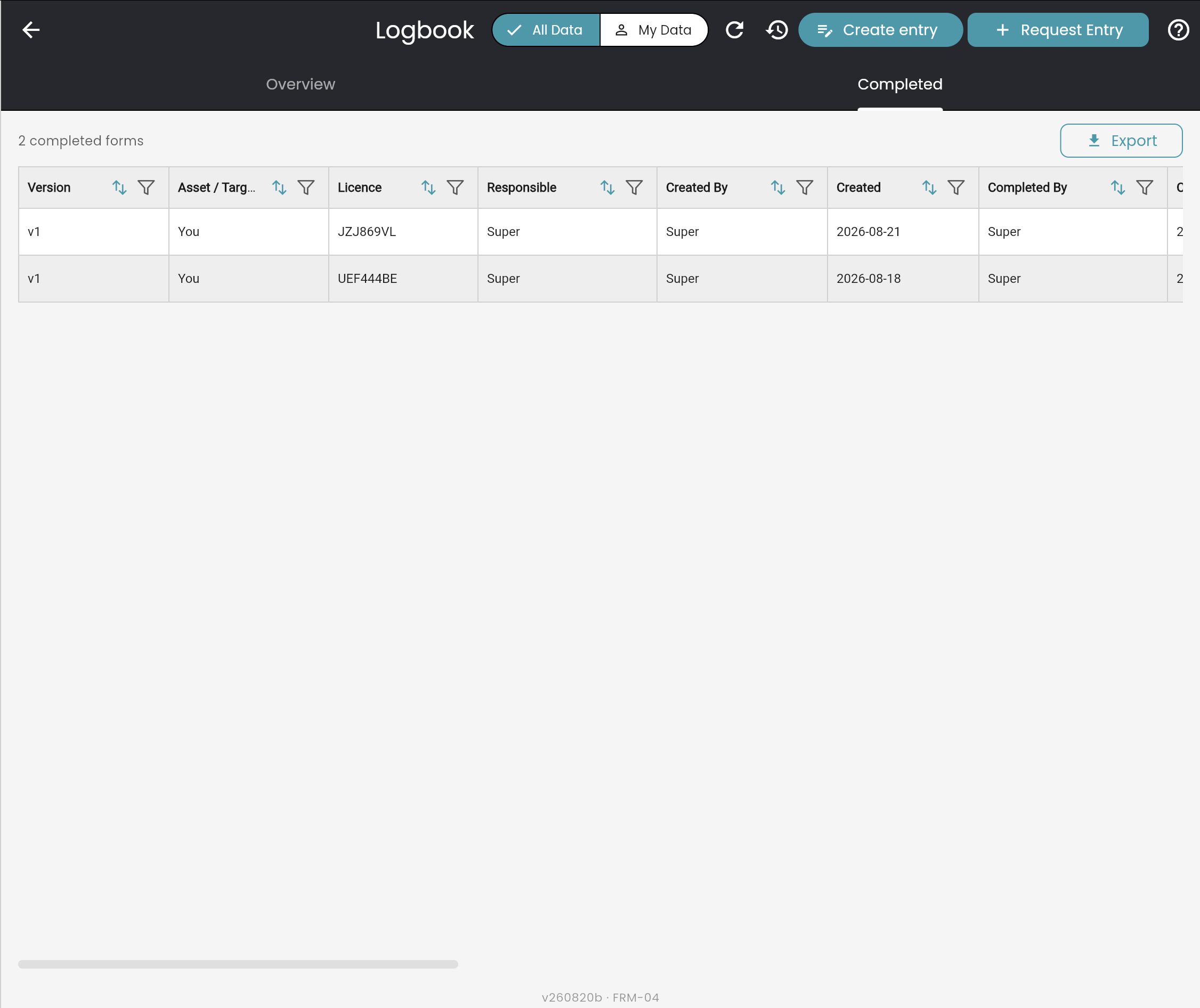 Completed forms data grid with sortable, filterable columns and an export action