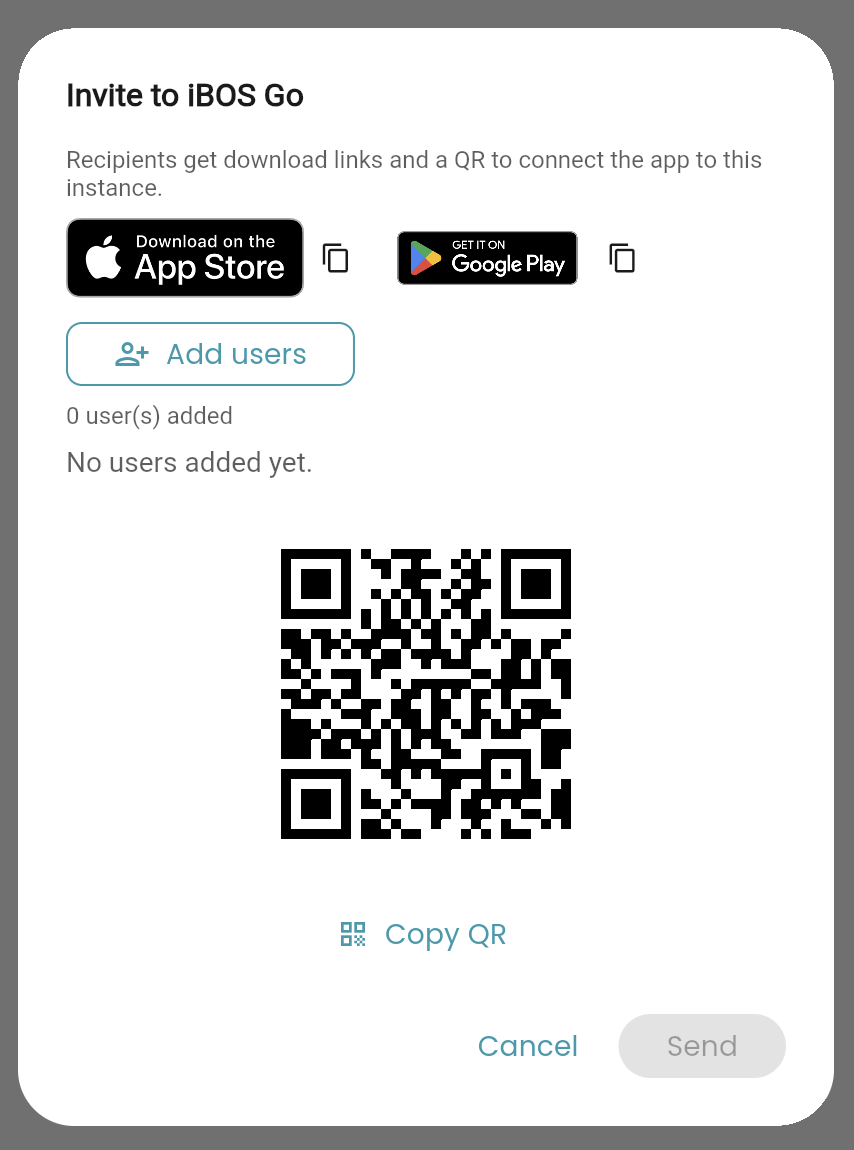 Invite dialog with App Store and Google Play links and a QR code connecting the app to the instance