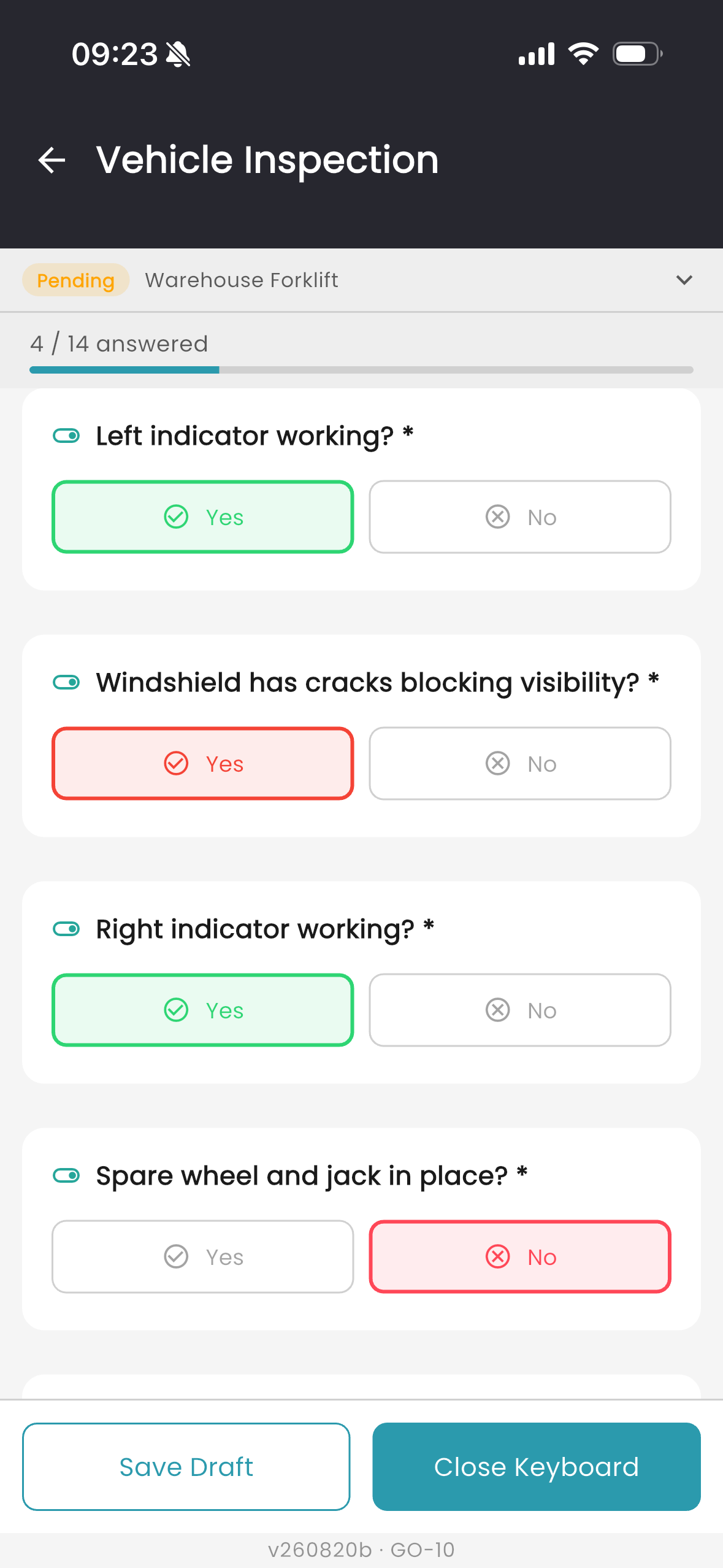 Vehicle inspection with yes and no answers coloured green and red