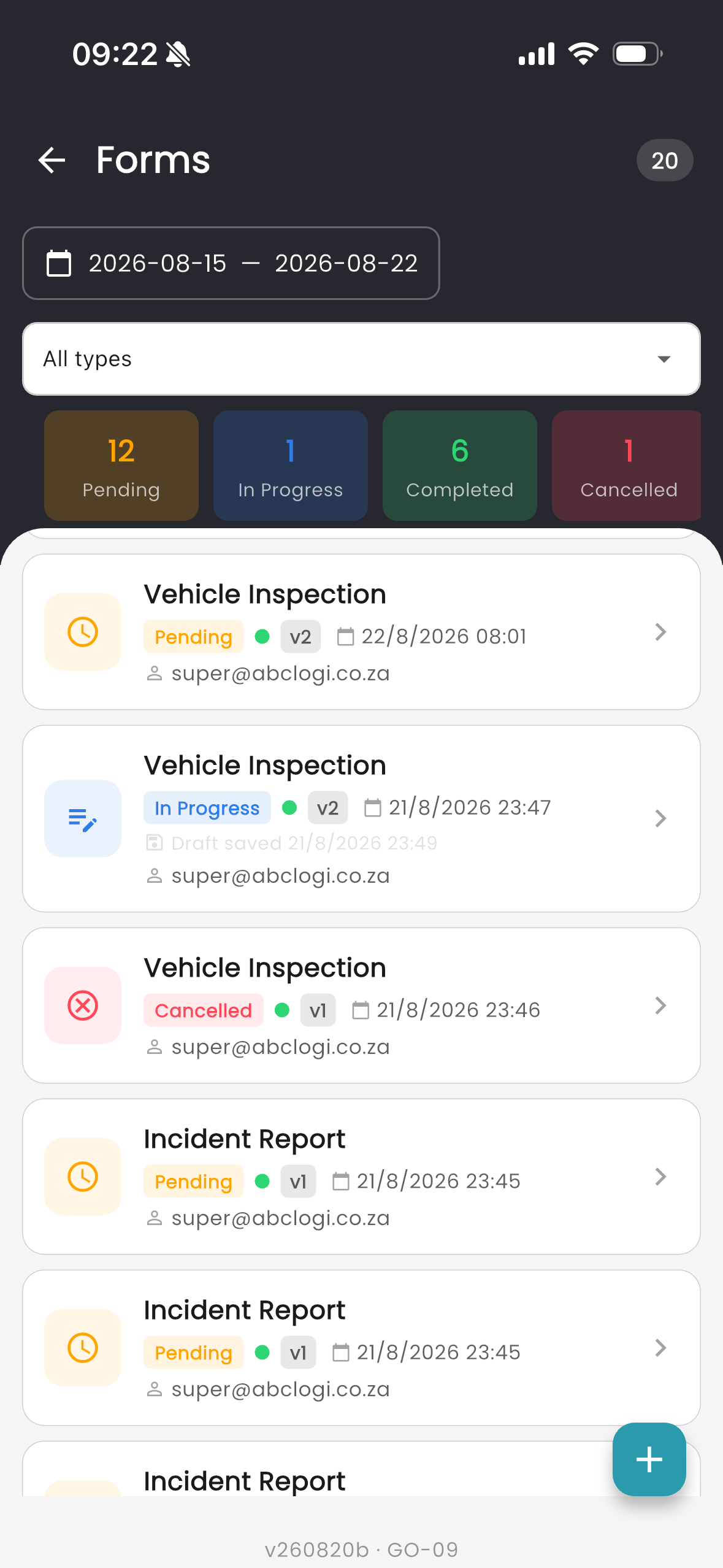 Mobile forms list with pending, in progress, completed and cancelled counts