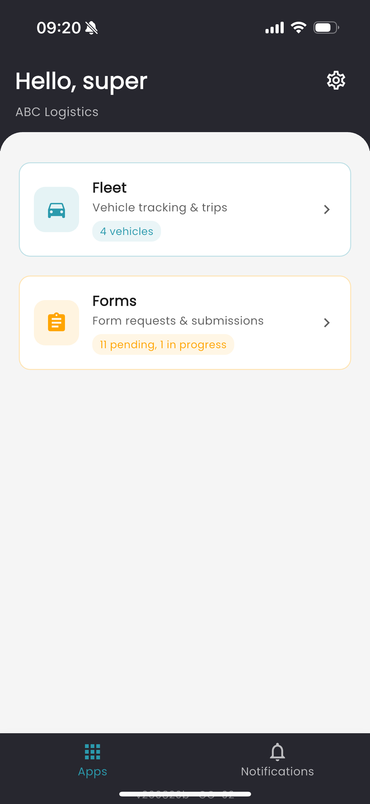 Mobile App home screen with fleet and forms modules and outstanding counts