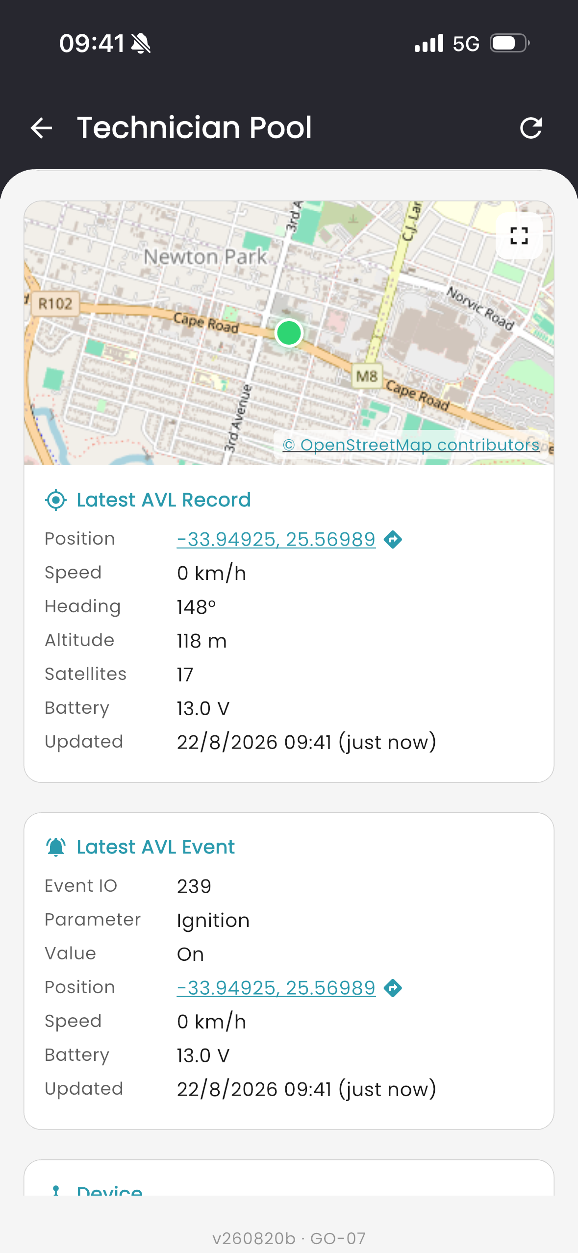 Mobile vehicle record showing map position, latest AVL record and latest AVL event