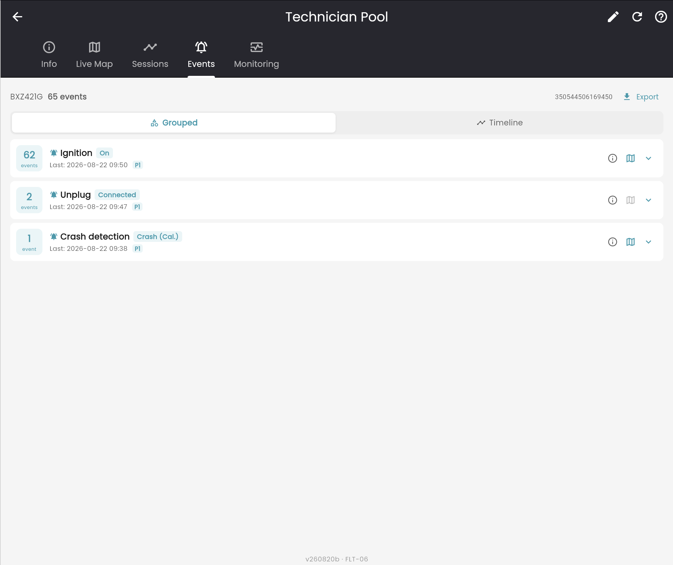 Events grouped into ignition, unplug and crash detection with counts and last occurrence
