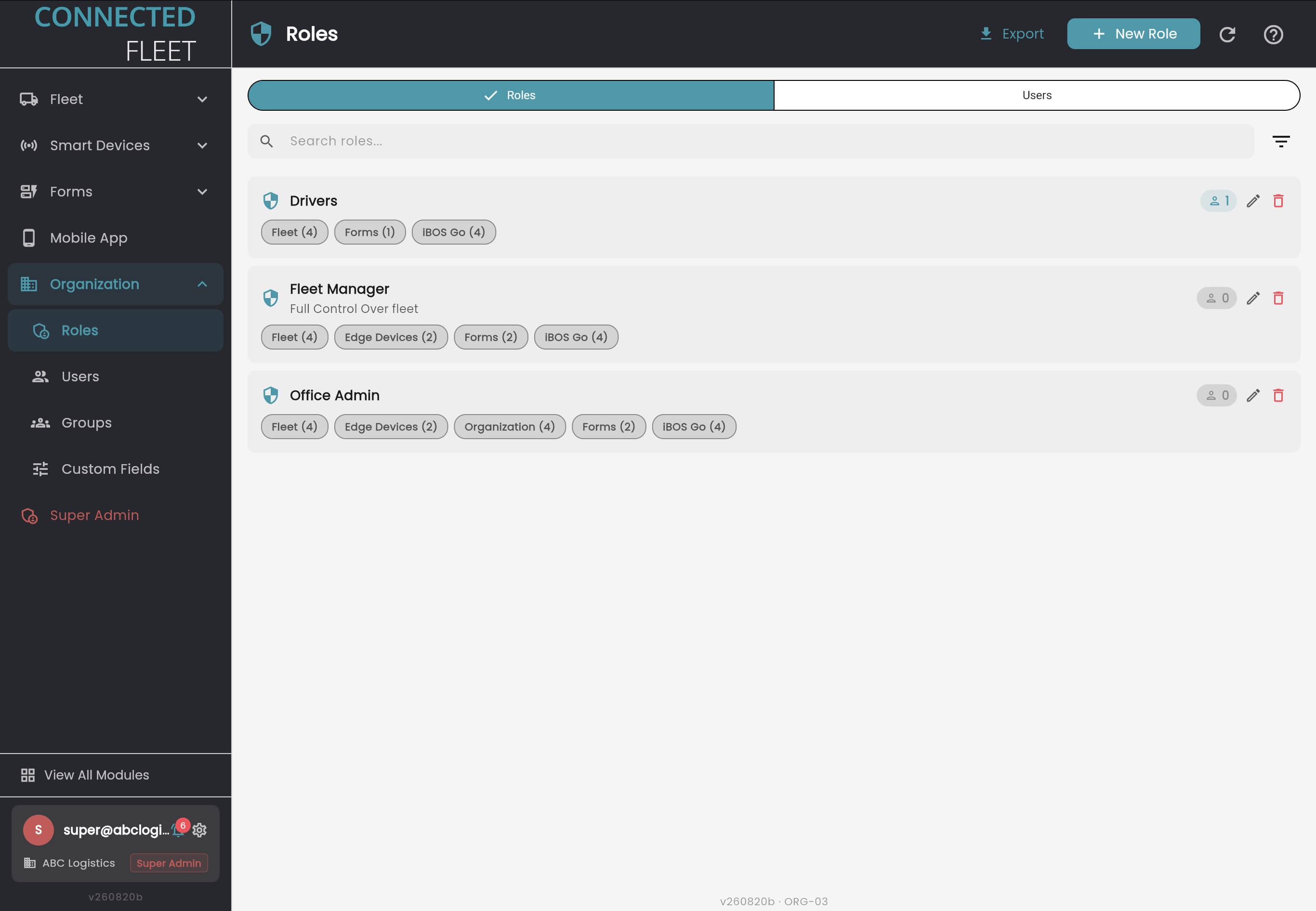 Roles list showing Drivers, Fleet Manager and Office Admin with module scope tags