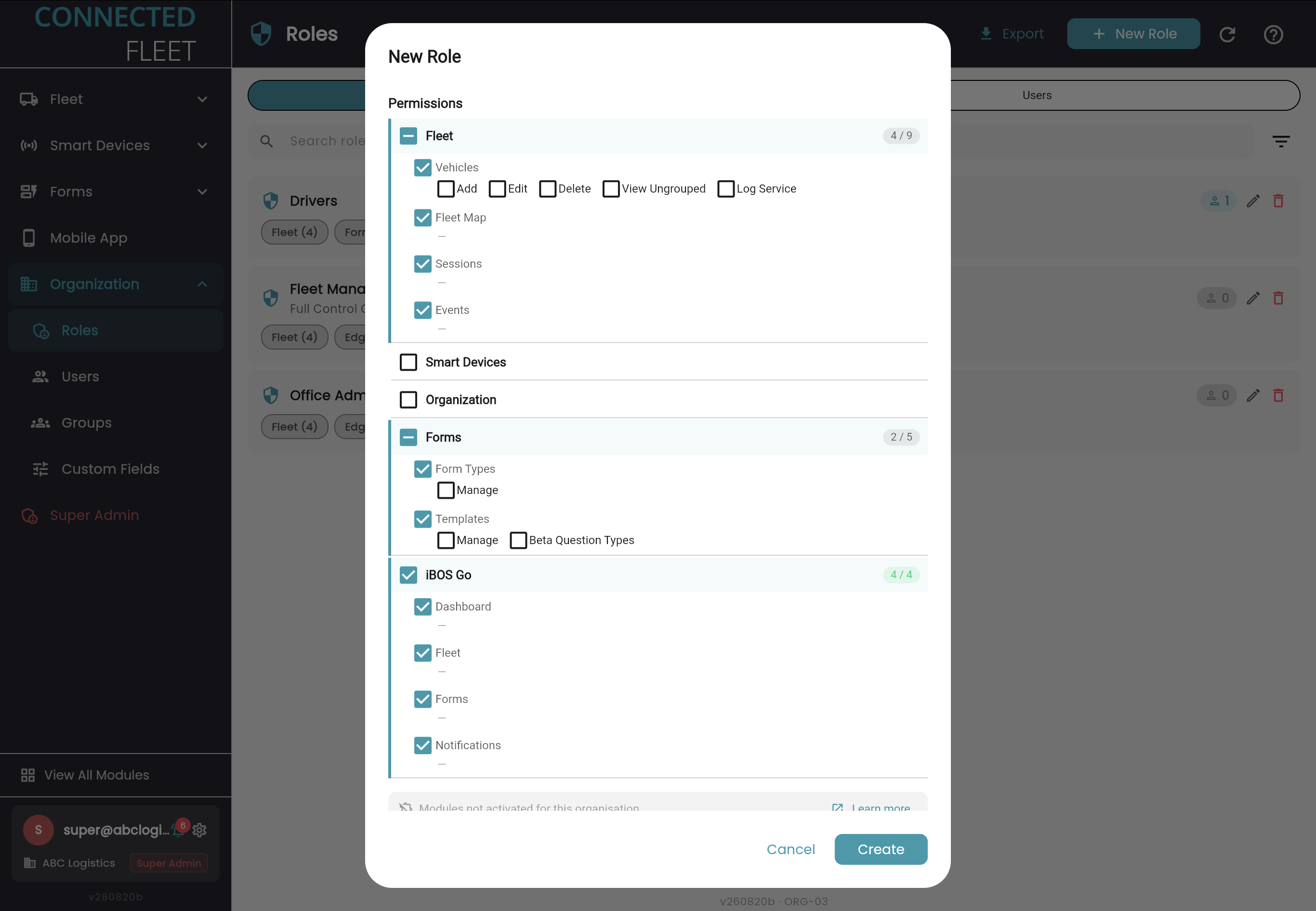 New Role dialog with per-module permission checkboxes and coverage counters