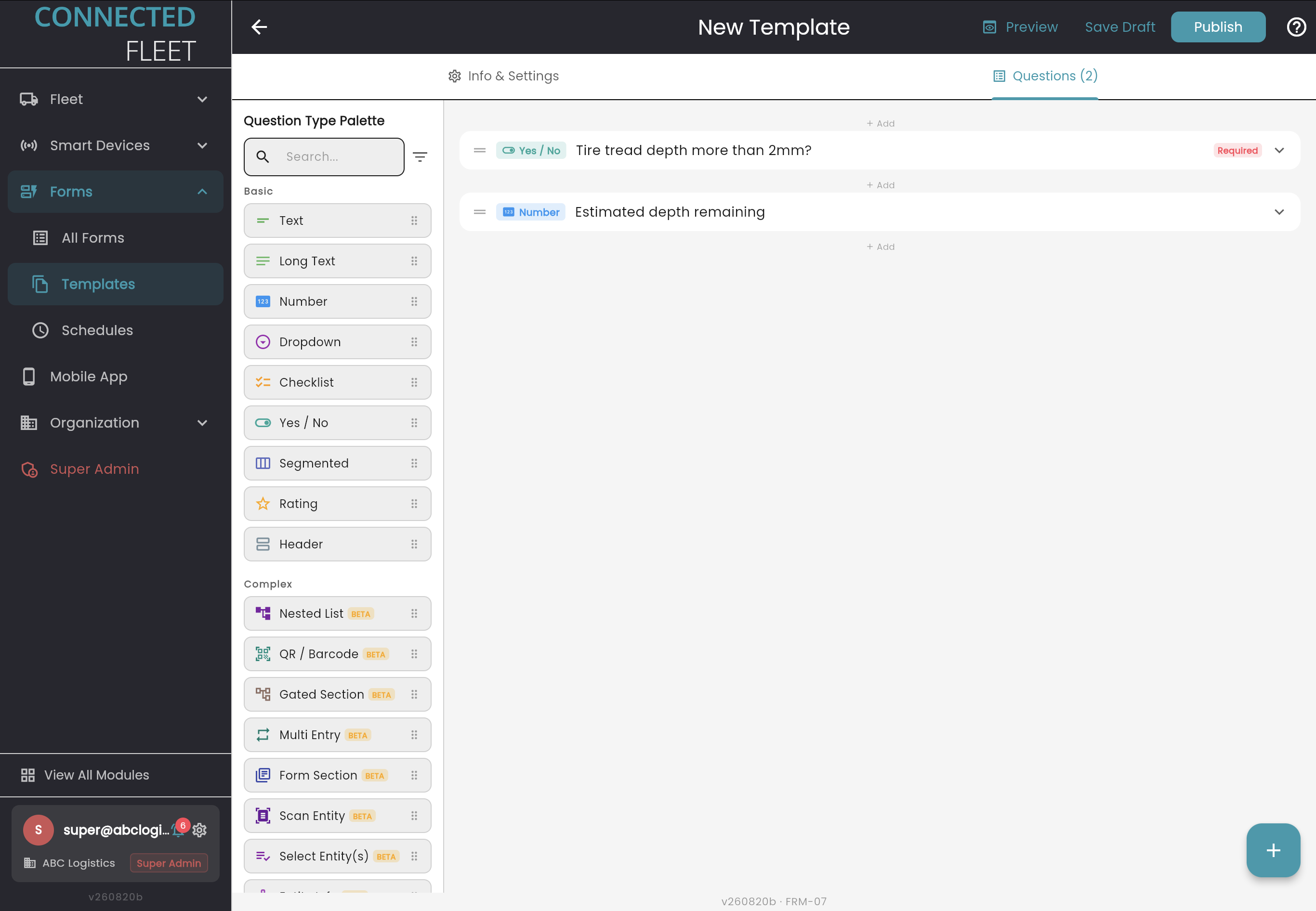 Form template builder with question type palette and two questions placed