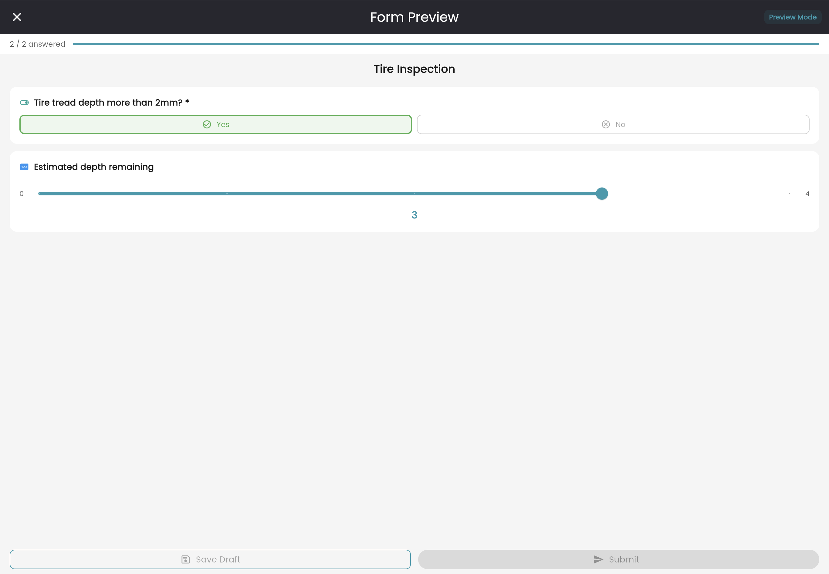 Form preview showing a yes/no question and a number slider with a progress bar