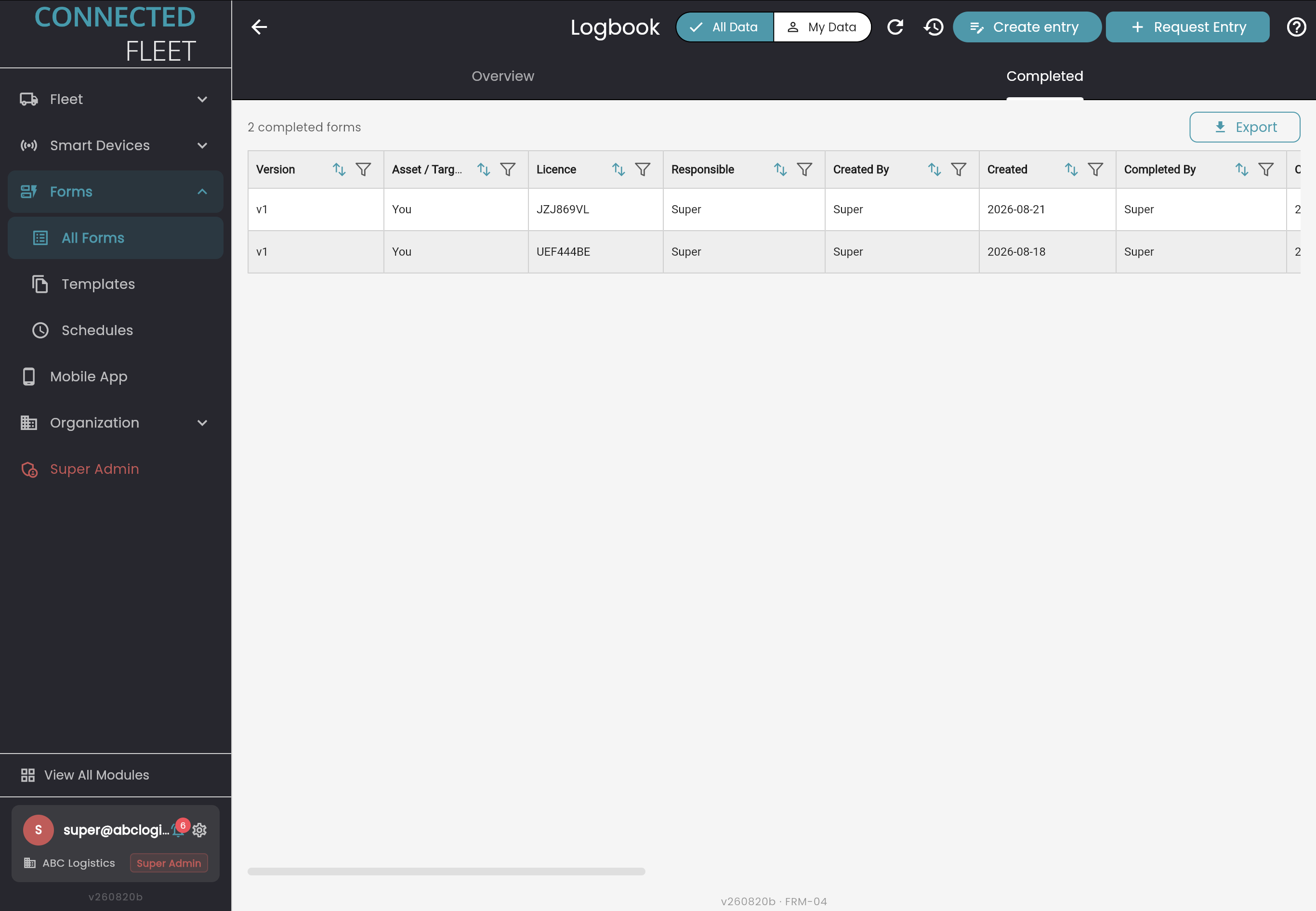 Completed forms data grid with sortable, filterable columns and an export action