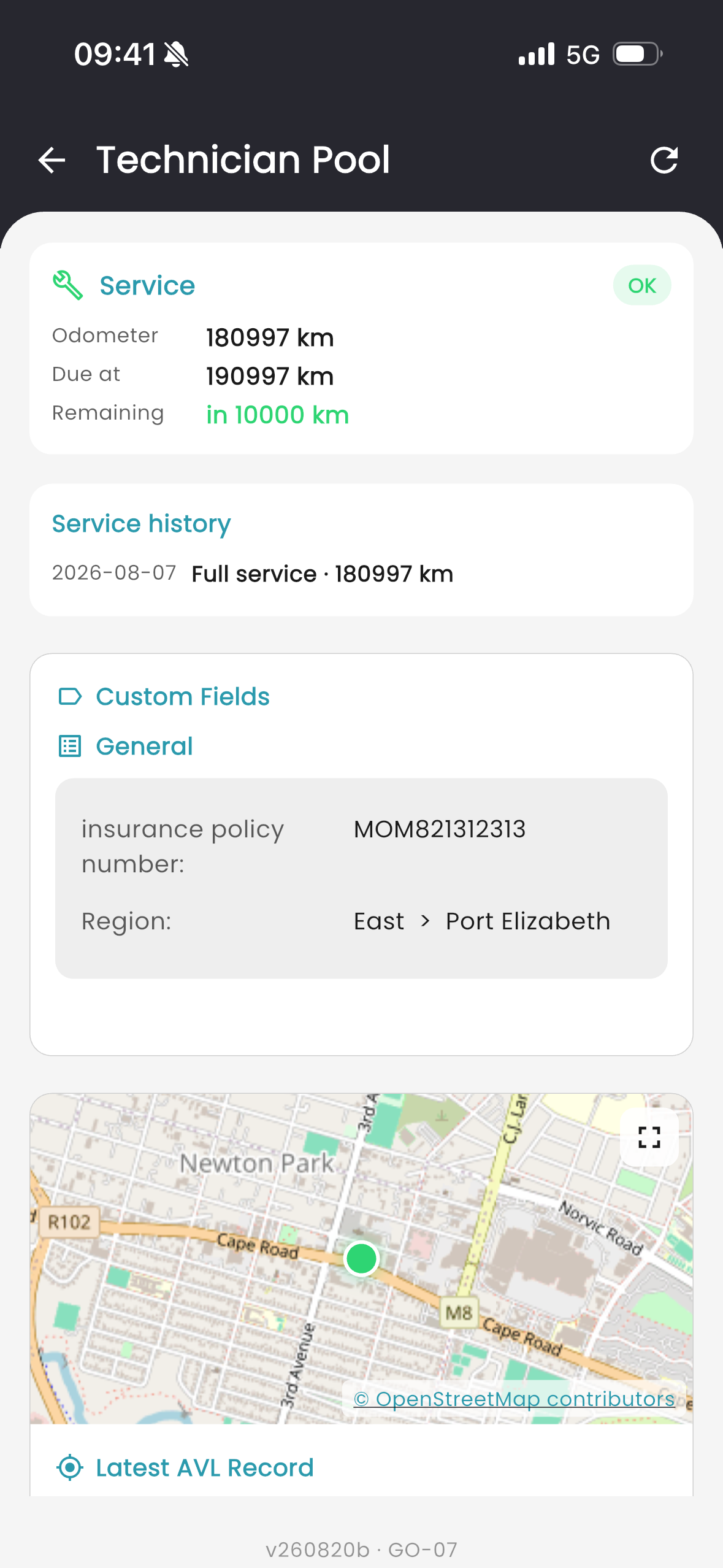 Mobile vehicle record showing service position, service history and custom fields