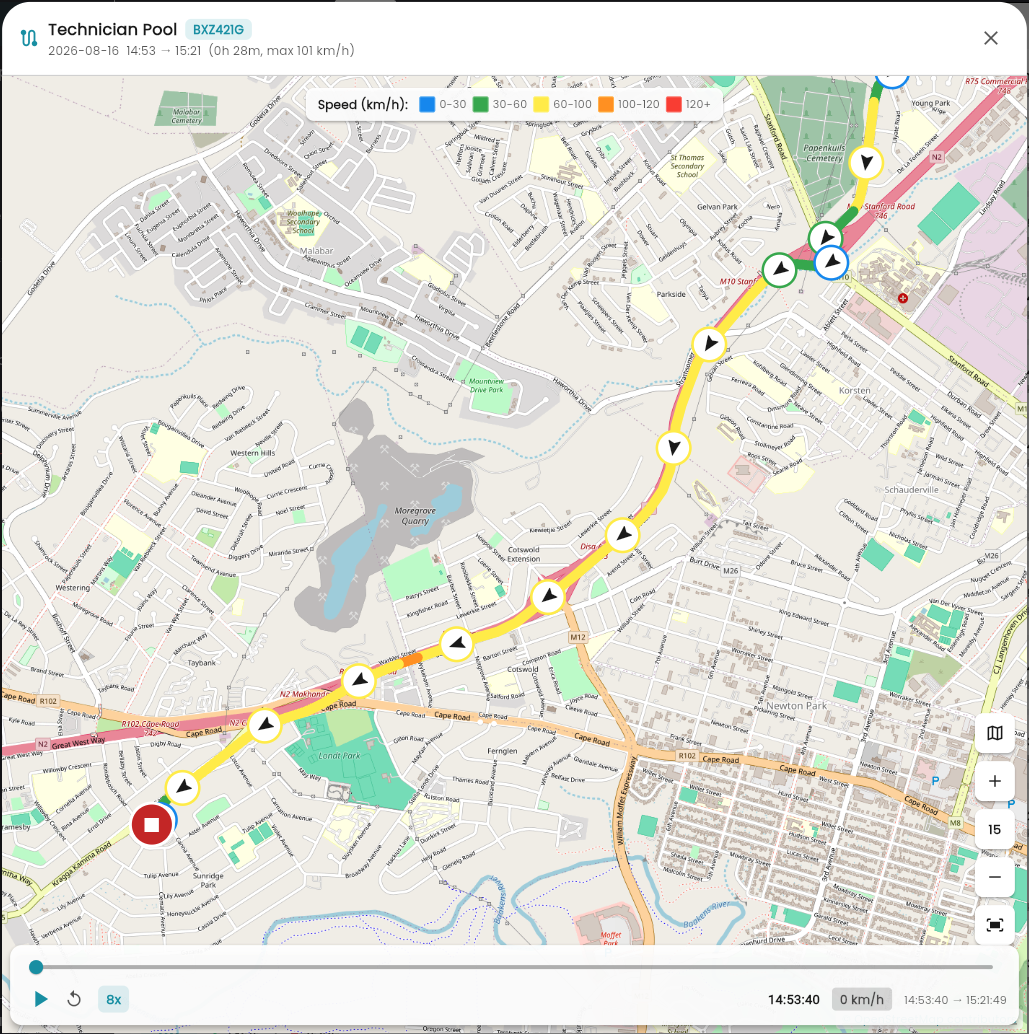 Session playback on a street map with the route coloured by speed band and a timeline scrubber