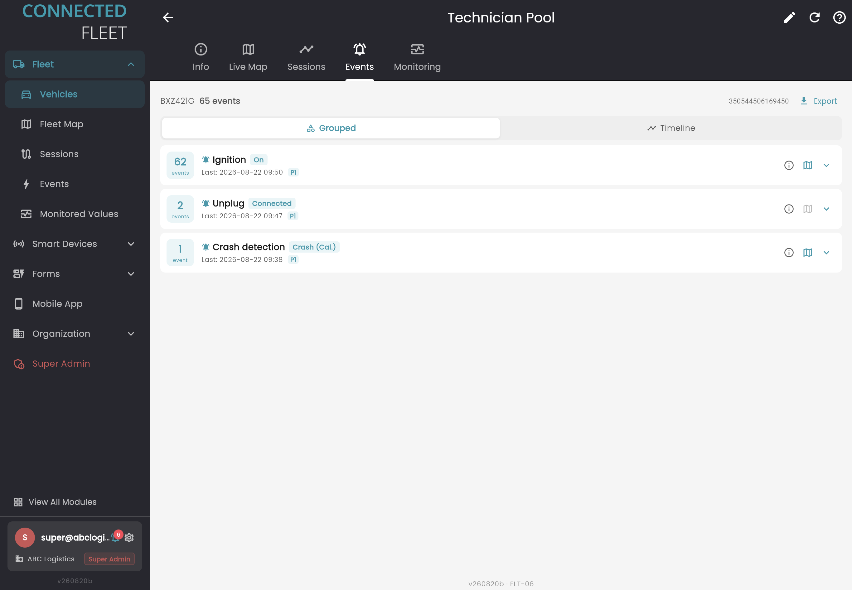 Events grouped into ignition, unplug and crash detection with counts and last occurrence